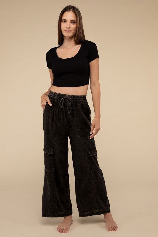 ZENANA Washed Linen Elastic Band Waist Cargo Pants us.meeeshop - 