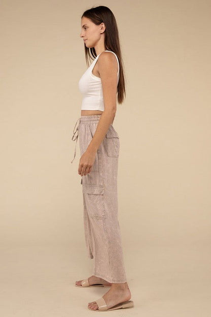 ZENANA Washed Linen Elastic Band Waist Cargo Pants us.meeeshop - 