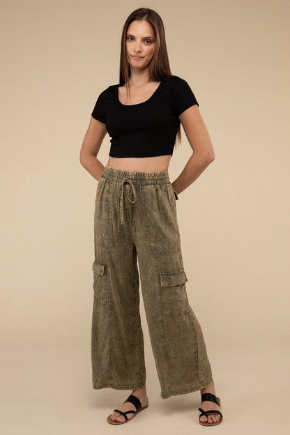 ZENANA Washed Linen Elastic Band Waist Cargo Pants us.meeeshop - 