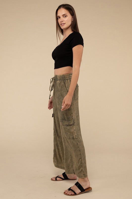 ZENANA Washed Linen Elastic Band Waist Cargo Pants us.meeeshop - 