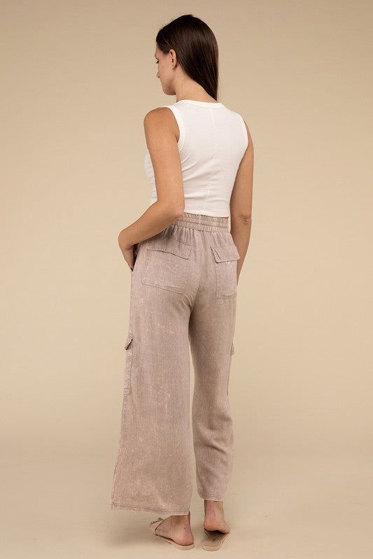 ZENANA Washed Linen Elastic Band Waist Cargo Pants us.meeeshop - 