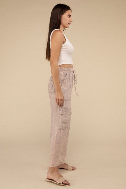 ZENANA Washed Linen Elastic Band Waist Cargo Pants us.meeeshop - 