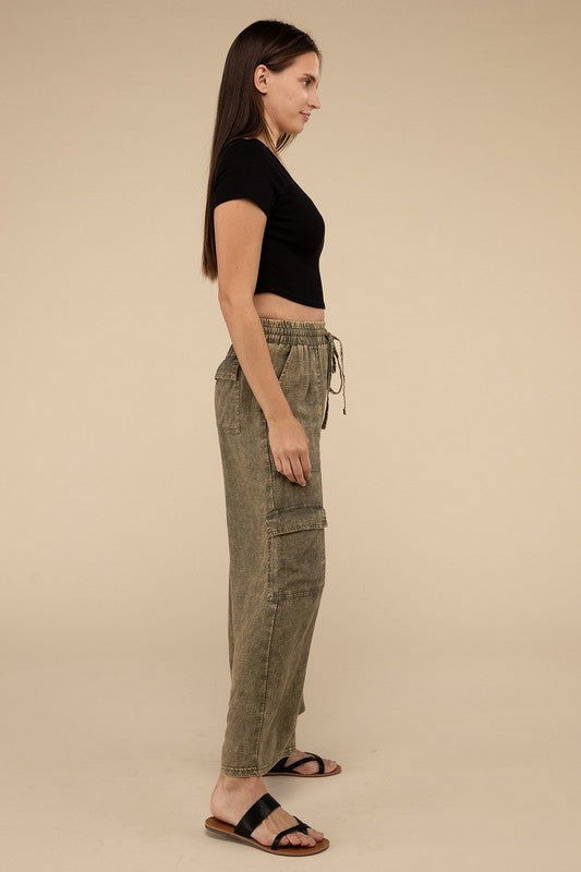 ZENANA Washed Linen Elastic Band Waist Cargo Pants us.meeeshop - 