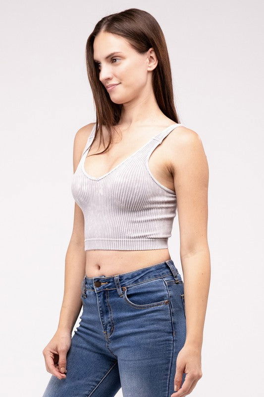 ZENANA Washed Ribbed Cropped V-Neck Tank Top us.meeeshop - 