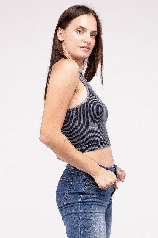 ZENANA Washed Ribbed Cropped V-Neck Tank Top us.meeeshop - 