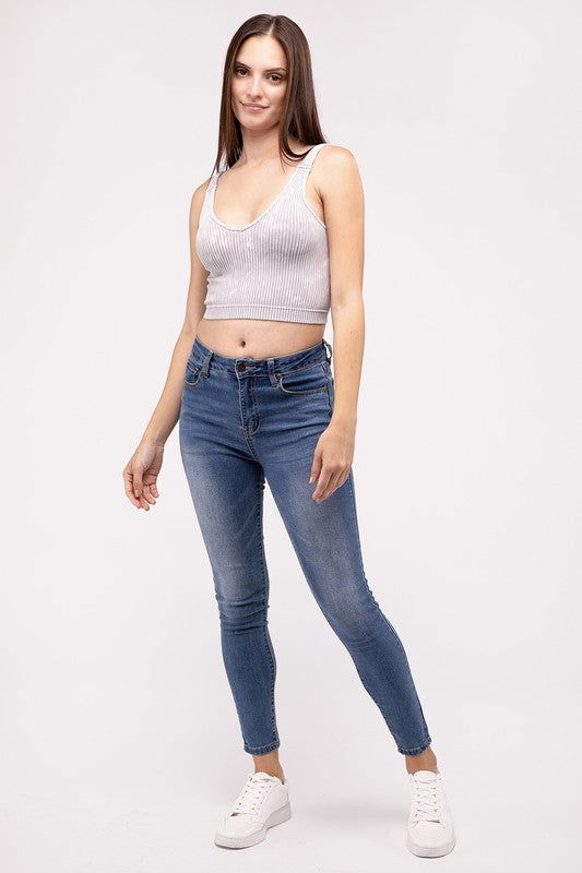 ZENANA Washed Ribbed Cropped V-Neck Tank Top us.meeeshop - 