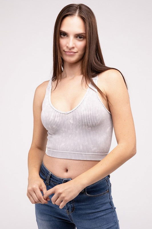 ZENANA Washed Ribbed Cropped V-Neck Tank Top us.meeeshop - 