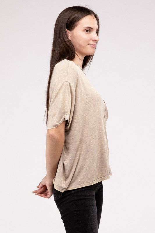 ZENANA Washed Ribbed Cuffed Short Sleeve Round Neck Top us.meeeshop - 