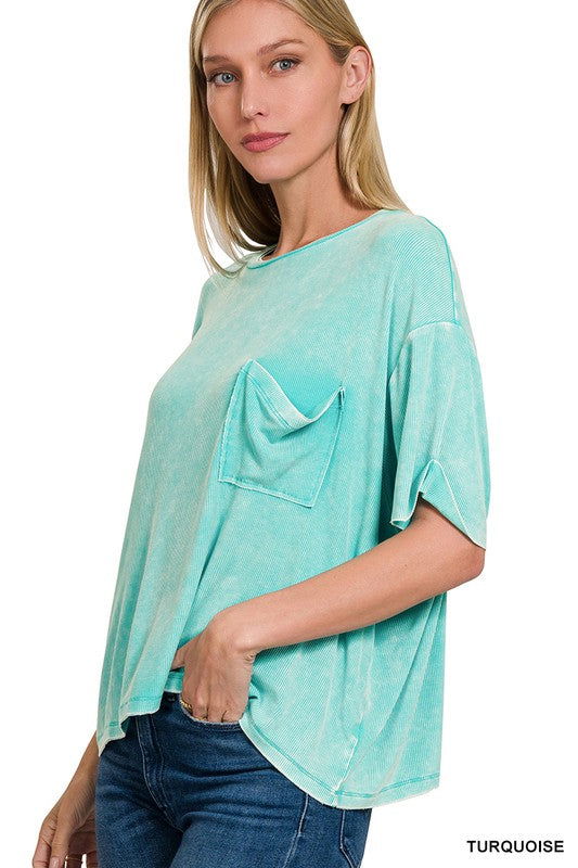 ZENANA Washed Ribbed Cuffed Short Sleeve Round Neck Top us.meeeshop - 