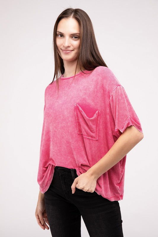 ZENANA Washed Ribbed Cuffed Short Sleeve Round Neck Top us.meeeshop - 