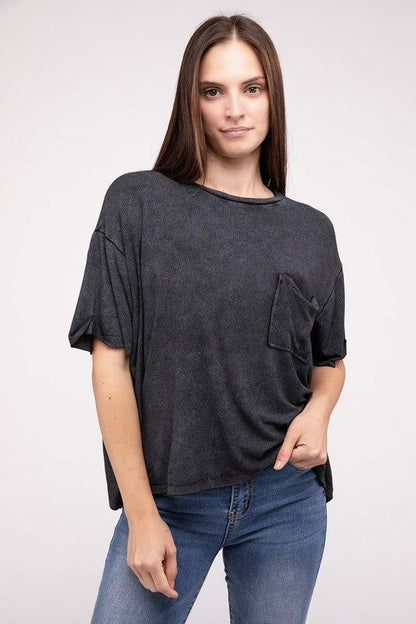 ZENANA Washed Ribbed Cuffed Short Sleeve Round Neck Top us.meeeshop - 