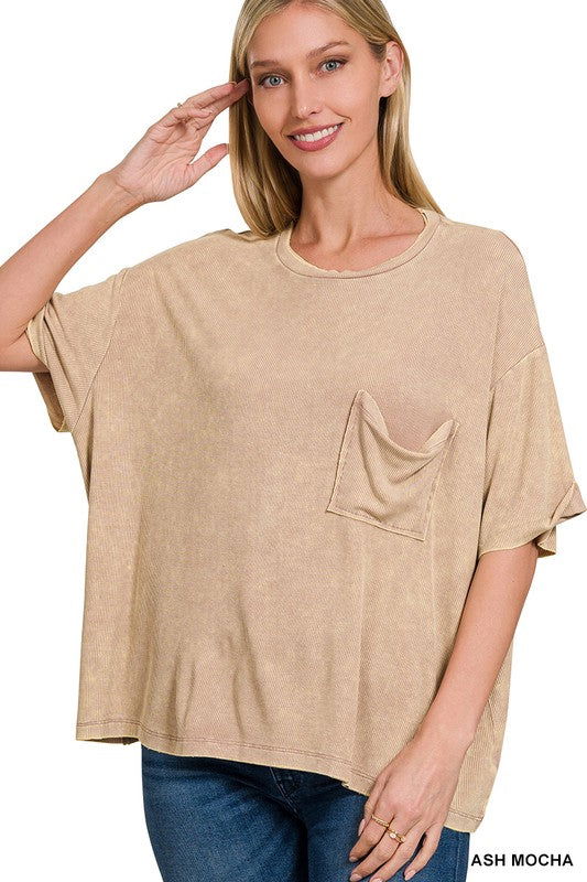 ZENANA Washed Ribbed Cuffed Short Sleeve Round Neck Top us.meeeshop - 