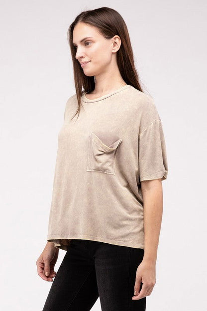 ZENANA Washed Ribbed Cuffed Short Sleeve Round Neck Top us.meeeshop - 