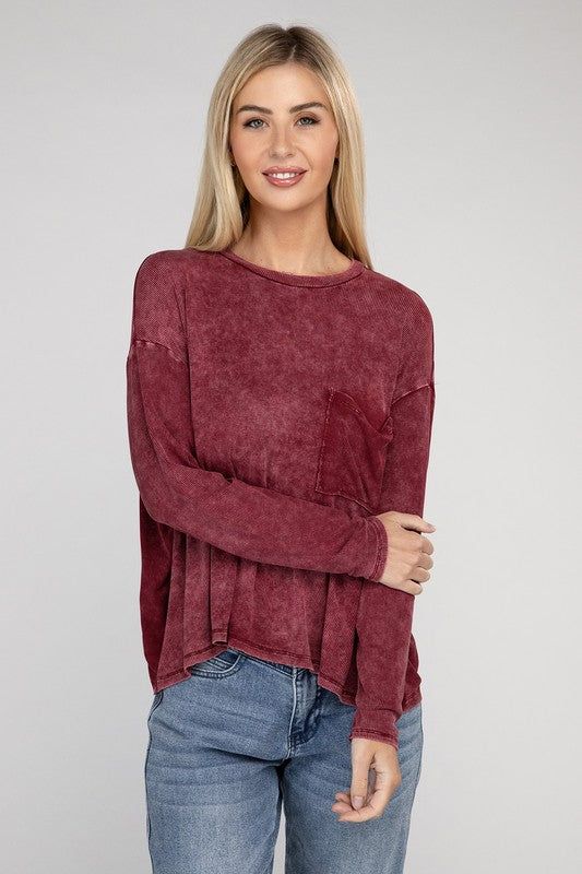 ZENANA Washed Ribbed Dolman Sleeve Round Neck Top us.meeeshop - 