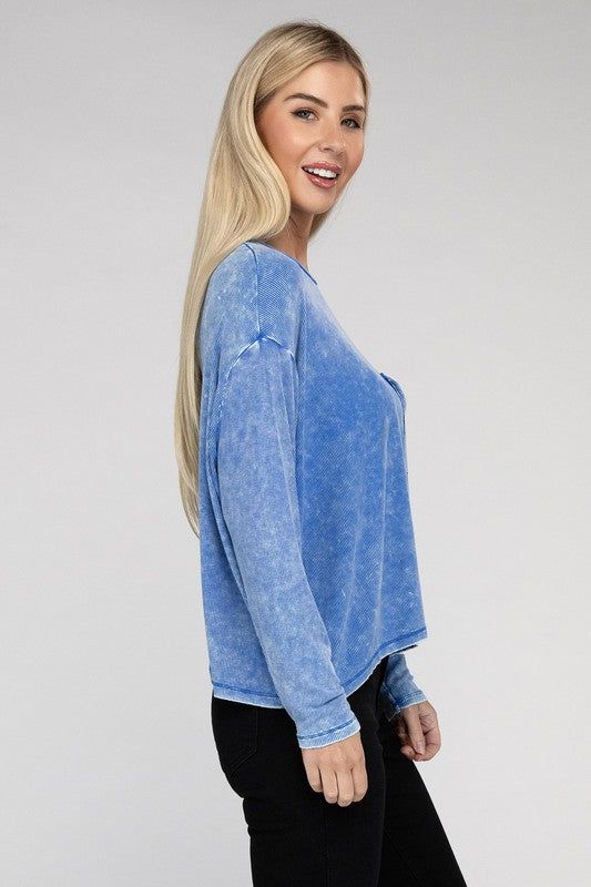 ZENANA Washed Ribbed Dolman Sleeve Round Neck Top us.meeeshop - 