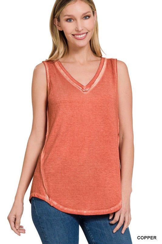 ZENANA | Washed Sleeveless V-Neck Top W Hi-Low Hem us.meeeshop - 