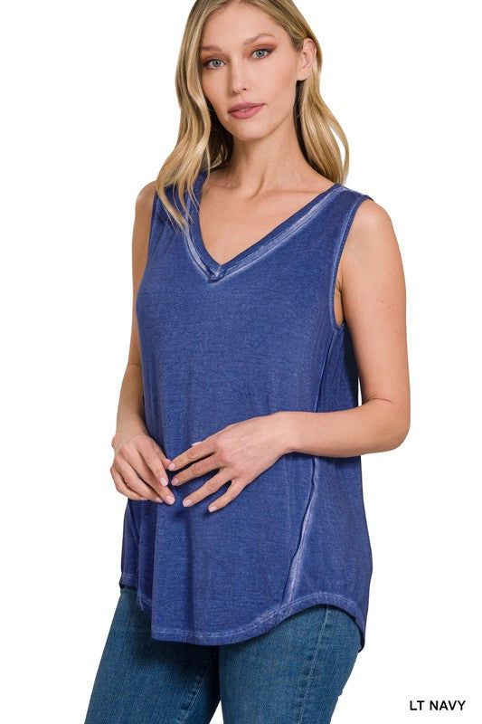 ZENANA | Washed Sleeveless V-Neck Top W Hi-Low Hem us.meeeshop - 