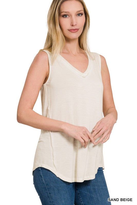 ZENANA | Washed Sleeveless V-Neck Top W Hi-Low Hem us.meeeshop - Shirts & Tops