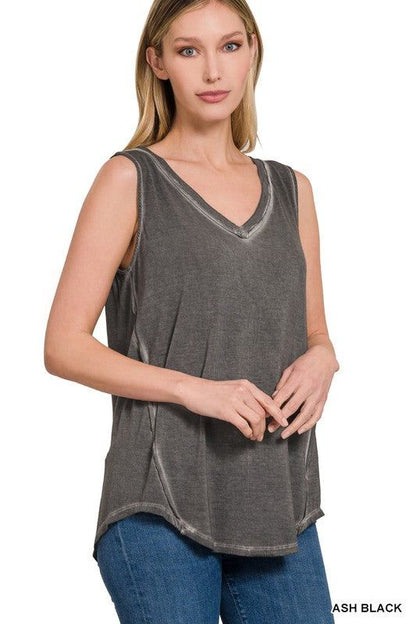 ZENANA | Washed Sleeveless V-Neck Top W Hi-Low Hem us.meeeshop - 