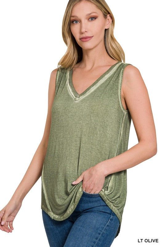 ZENANA | Washed Sleeveless V-Neck Top W Hi-Low Hem us.meeeshop - 