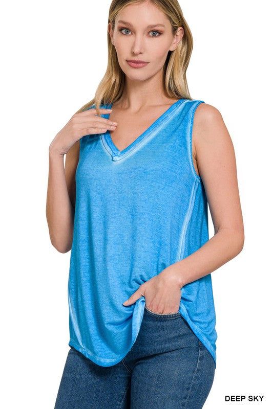 ZENANA | Washed Sleeveless V-Neck Top W Hi-Low Hem us.meeeshop - 