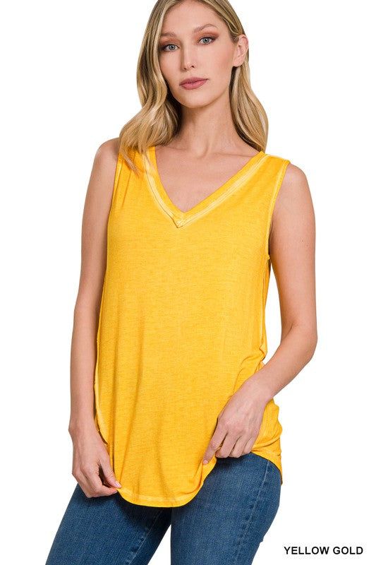 ZENANA | Washed Sleeveless V-Neck Top W Hi-Low Hem us.meeeshop - 