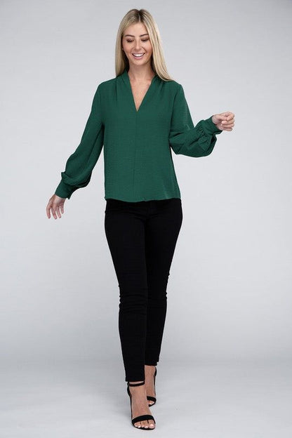 ZENANA Woven Airflow V-Neck Long Sleeve Top us.meeeshop - 