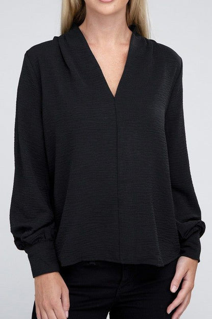 ZENANA Woven Airflow V-Neck Long Sleeve Top us.meeeshop - 