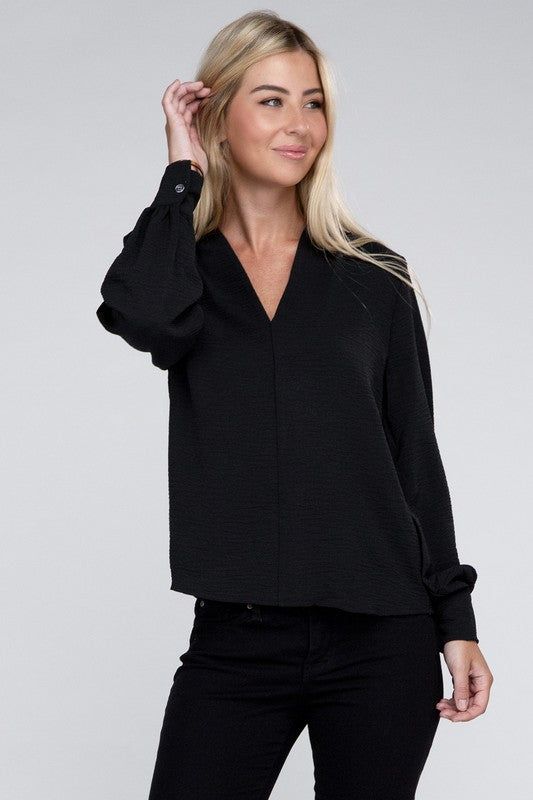 ZENANA Woven Airflow V-Neck Long Sleeve Top us.meeeshop - Shirts & Tops