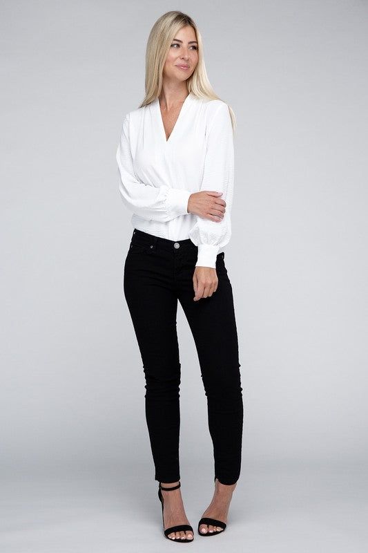 ZENANA Woven Airflow V-Neck Long Sleeve Top us.meeeshop - 