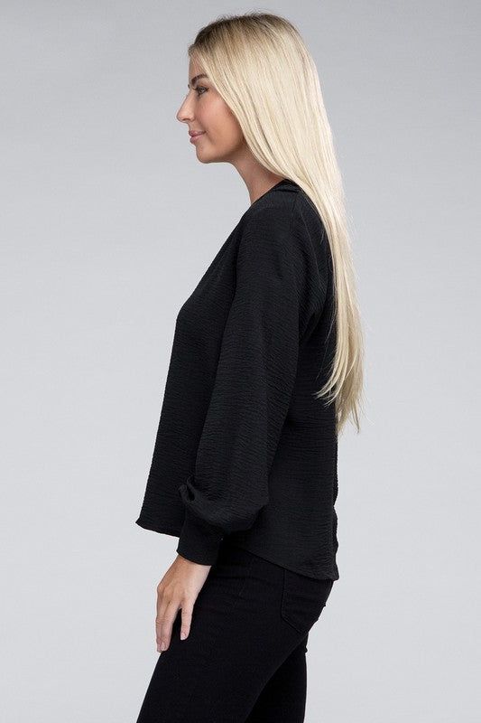 ZENANA Woven Airflow V-Neck Long Sleeve Top us.meeeshop - 