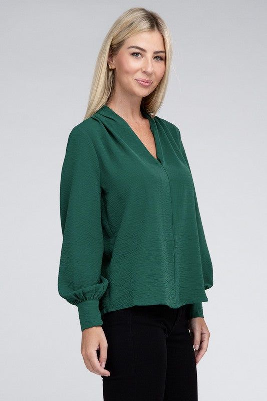 ZENANA Woven Airflow V-Neck Long Sleeve Top us.meeeshop - 