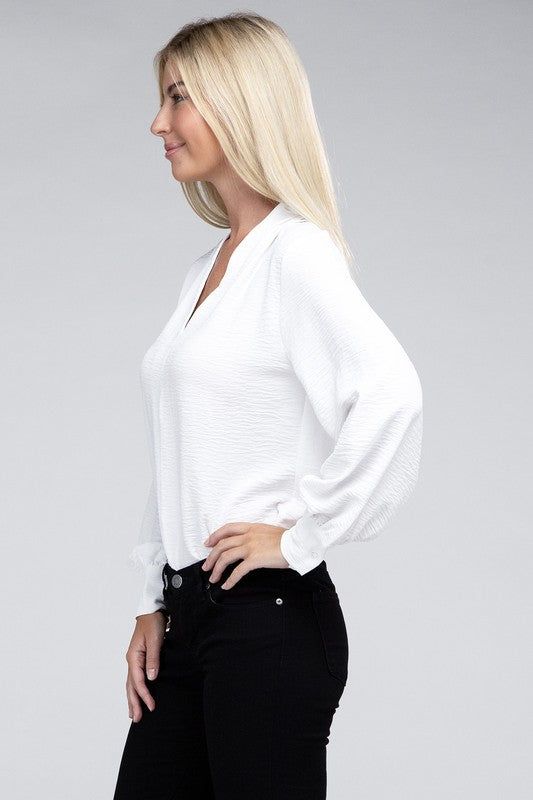 ZENANA Woven Airflow V-Neck Long Sleeve Top us.meeeshop - 