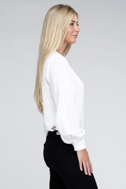 ZENANA Woven Airflow V-Neck Long Sleeve Top us.meeeshop - 