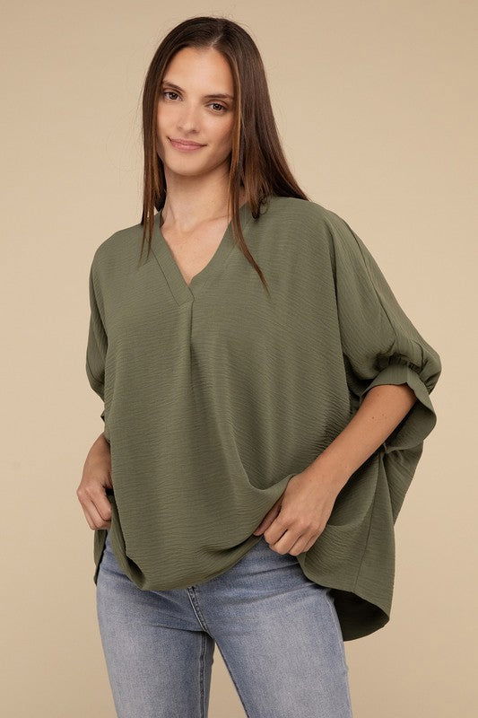 ZENANA Woven Airflow V-Neck Puff Half Sleeve Top us.meeeshop - 