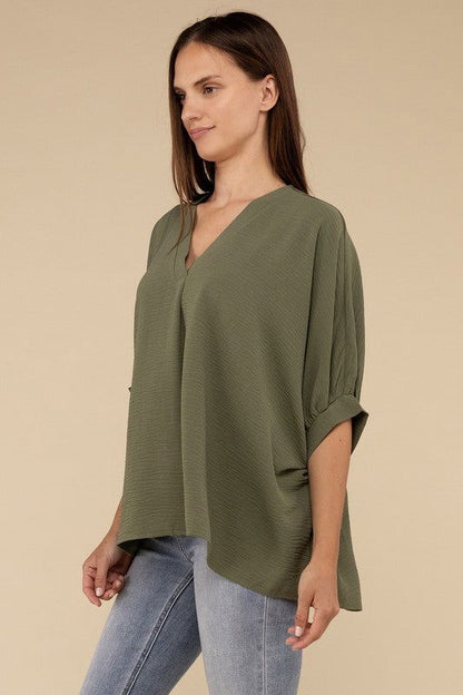 ZENANA Woven Airflow V-Neck Puff Half Sleeve Top us.meeeshop - 