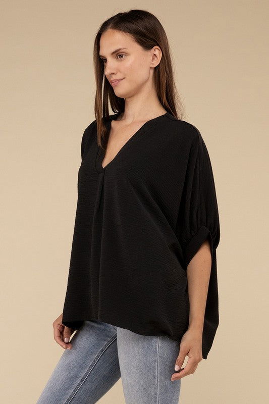 ZENANA Woven Airflow V-Neck Puff Half Sleeve Top us.meeeshop - 