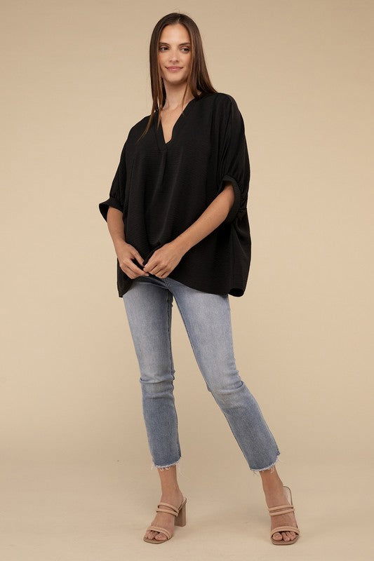 ZENANA Woven Airflow V-Neck Puff Half Sleeve Top us.meeeshop - 