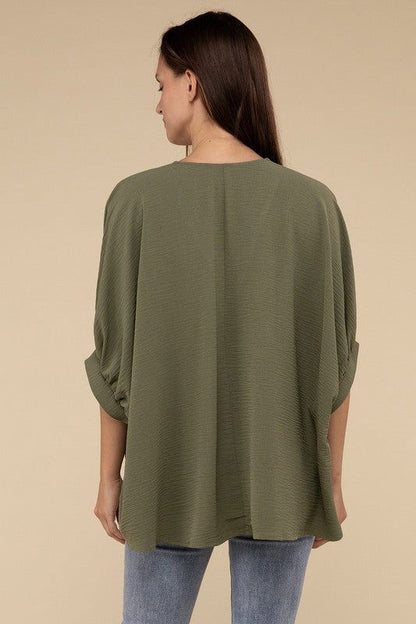 ZENANA Woven Airflow V-Neck Puff Half Sleeve Top us.meeeshop - 