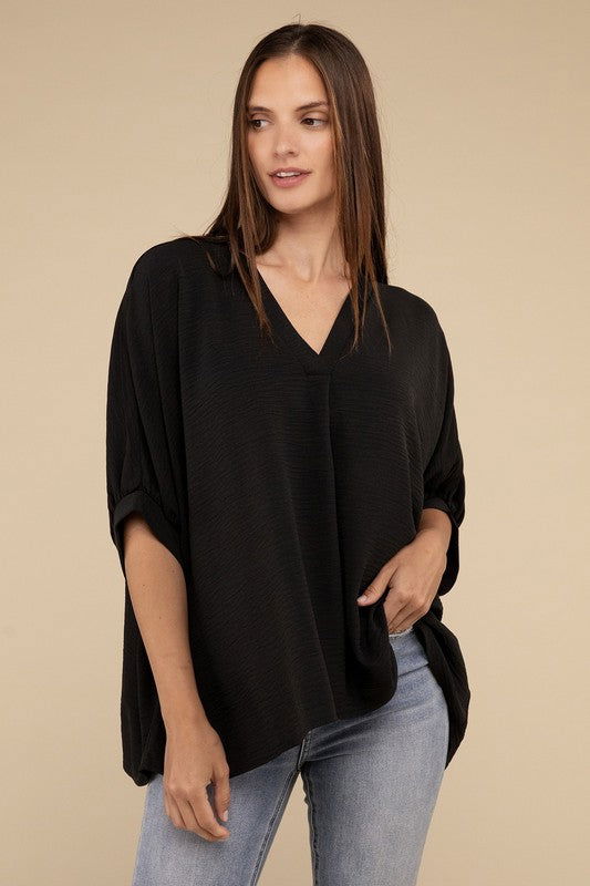 ZENANA Woven Airflow V-Neck Puff Half Sleeve Top us.meeeshop - Shirts & Tops