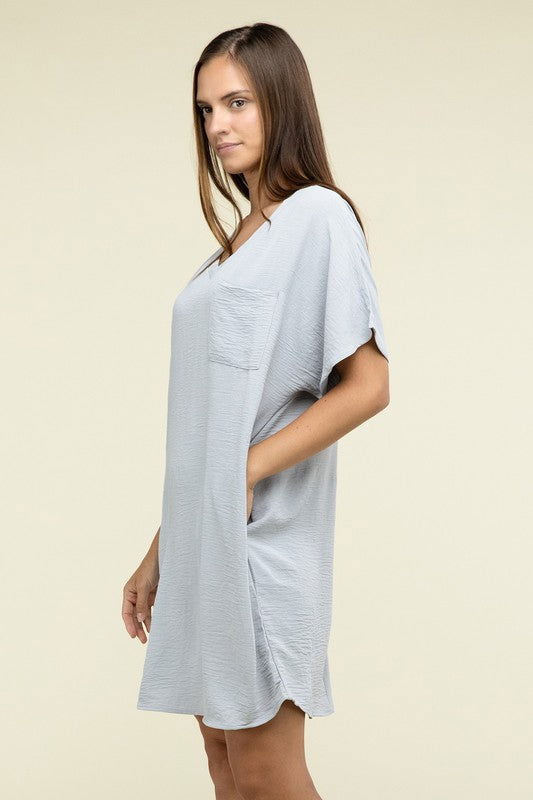 ZENANA Woven Airflow V Neck T-Shirt Dress with Pockets us.meeeshop - 