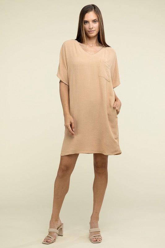 ZENANA Woven Airflow V Neck T-Shirt Dress with Pockets us.meeeshop - 