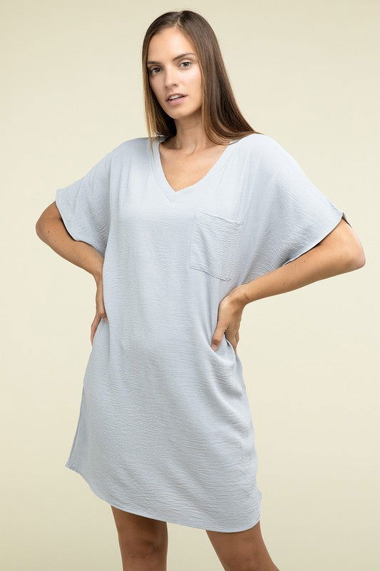 ZENANA Woven Airflow V Neck T-Shirt Dress with Pockets us.meeeshop - 