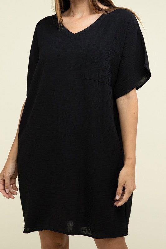 ZENANA Woven Airflow V Neck T-Shirt Dress with Pockets us.meeeshop - 