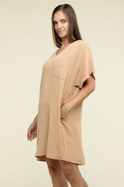 ZENANA Woven Airflow V Neck T-Shirt Dress with Pockets us.meeeshop - 