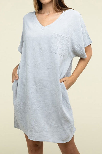 ZENANA Woven Airflow V Neck T-Shirt Dress with Pockets us.meeeshop - 