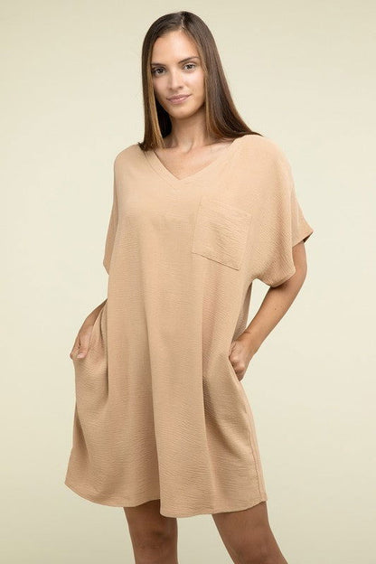 ZENANA Woven Airflow V Neck T-Shirt Dress with Pockets us.meeeshop - Dresses