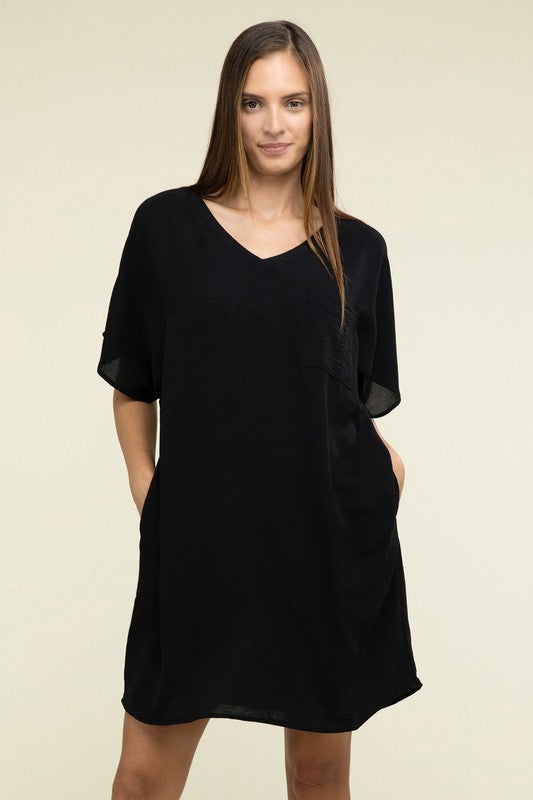 ZENANA Woven Airflow V Neck T-Shirt Dress with Pockets us.meeeshop - 