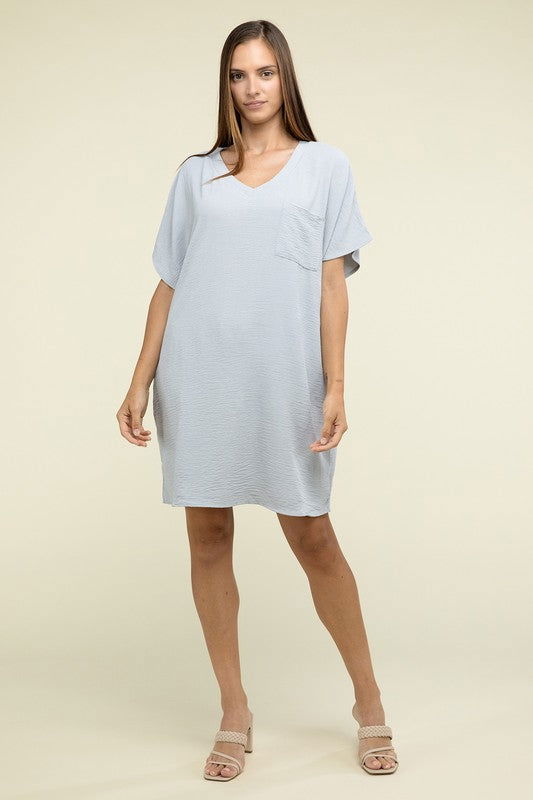 ZENANA Woven Airflow V Neck T-Shirt Dress with Pockets us.meeeshop - 