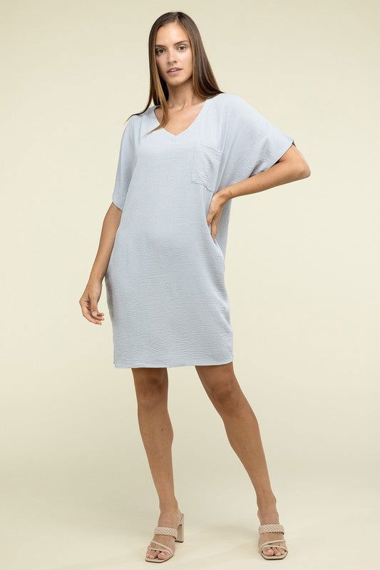 ZENANA Woven Airflow V Neck T-Shirt Dress with Pockets us.meeeshop - 